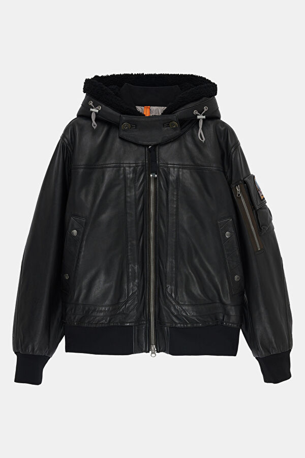 Black Leather Men's Faux Fur Collar Coat