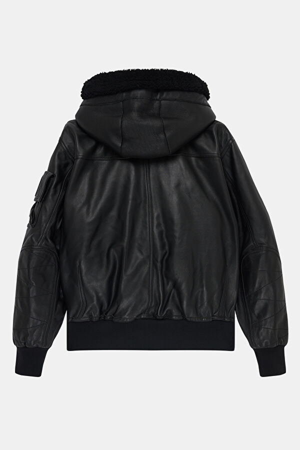 Black Leather Men's Faux Fur Collar Coat 2