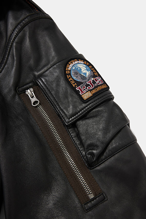 Black Leather Men's Faux Fur Collar Coat 4