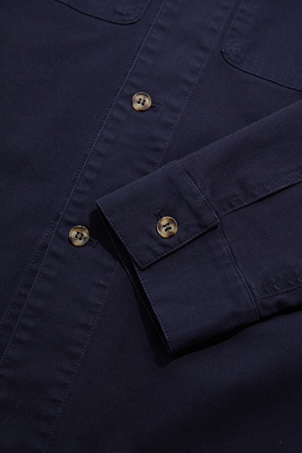 Navy Blue Buttoned Cotton Elastane Men's Jacket 4