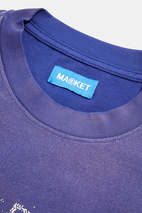 Oversize Mavi Bisiklet Yaka Baskılı Erkek T-Shirt 3