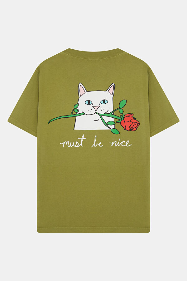 Relax Kalıp Yeşil Bisiklet Yaka Baskılı Erkek T-Shirt 2