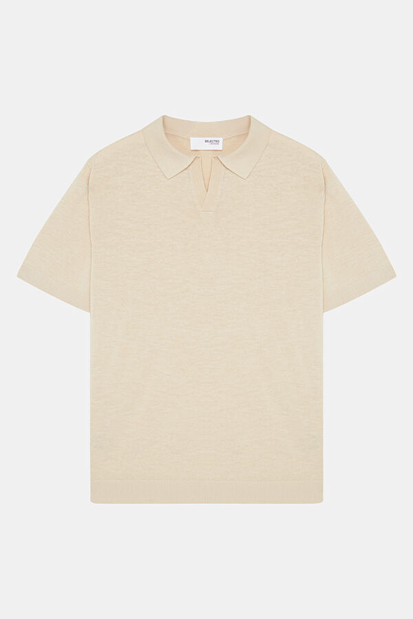 Krem Polo Yaka Keten Pamuk Erkek T-Shirt