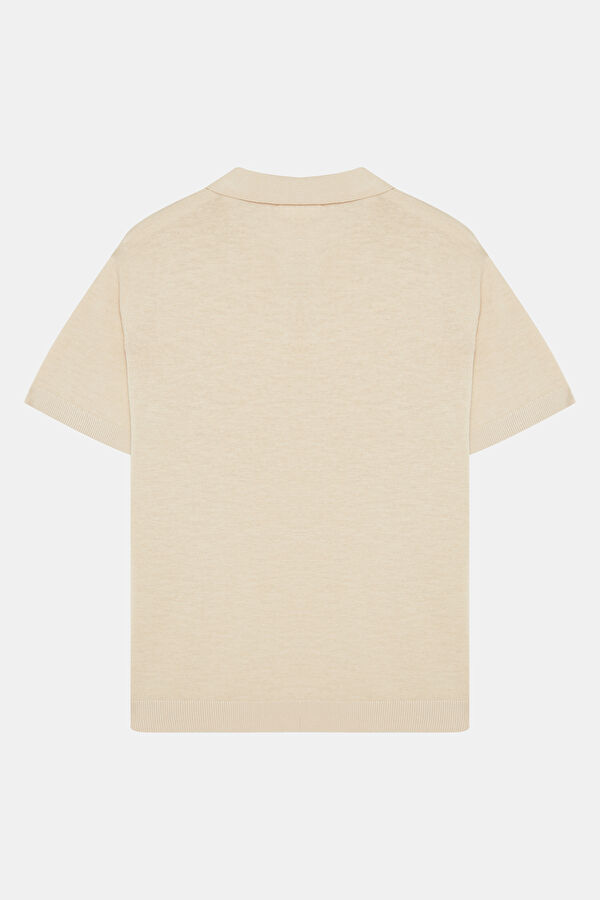 Krem Polo Yaka Keten Pamuk Erkek T-Shirt 2