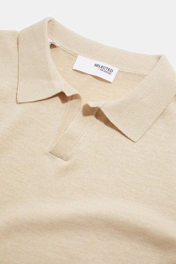Krem Polo Yaka Keten Pamuk Erkek T-Shirt 3