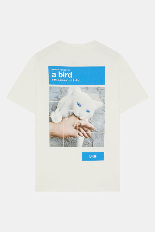 Relax Kalıp Krem Bisiklet Yaka Baskılı Erkek T-Shirt 2
