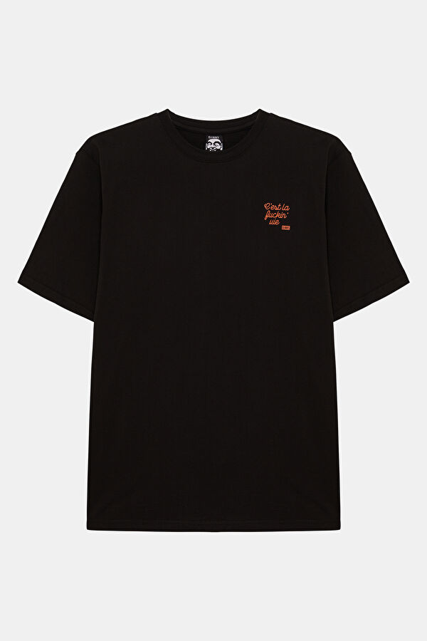 Relax Kalıp Siyah Bisiklet Yaka Baskılı Erkek T-Shirt