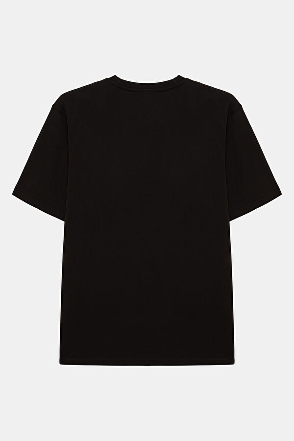 Relax Kalıp Siyah Bisiklet Yaka Baskılı Erkek T-Shirt 2