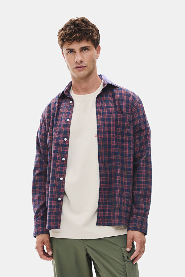 Navy Blue Plaid Flannel Men's Shirt