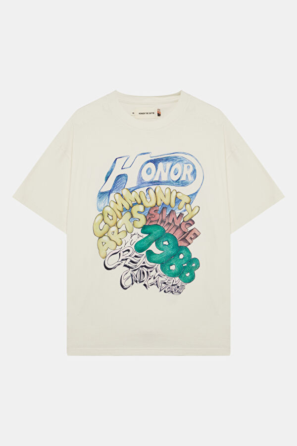 Relax Kalıp Krem Bisiklet Yaka Baskılı Erkek T-Shirt
