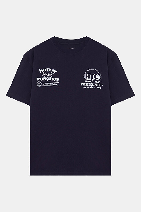Relax Kalıp Lacivert Bisiklet Yaka Baskılı Erkek T-Shirt