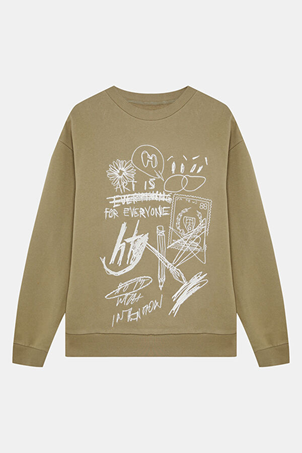 Relax Kalıp Haki Bisiklet Yaka Erkek Sweatshirt