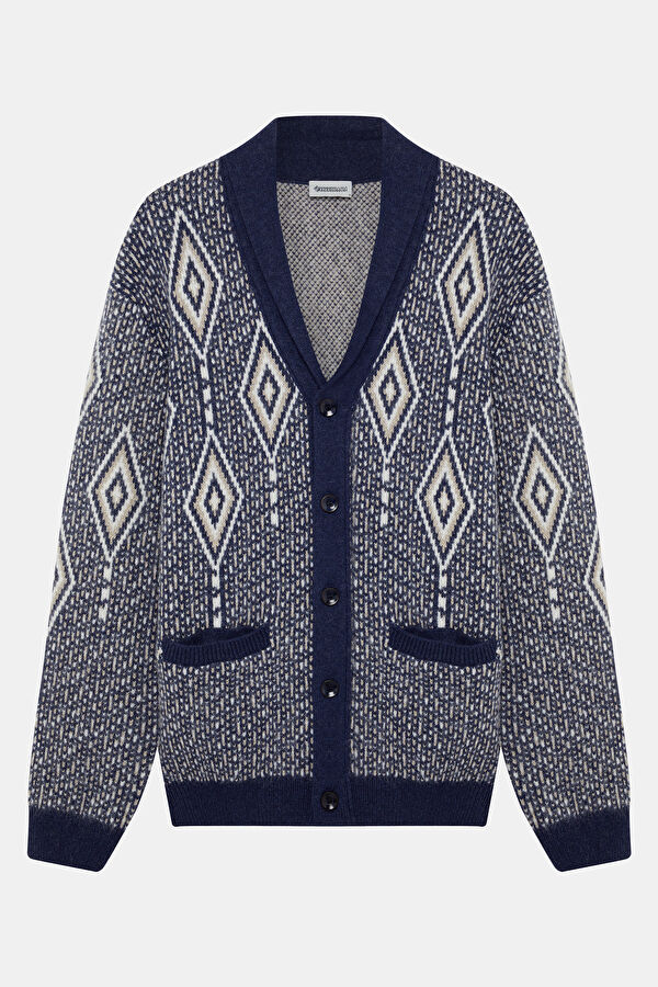 Navy Knitted Patterned Cotton/Wool Cardigan Men's Cardigan