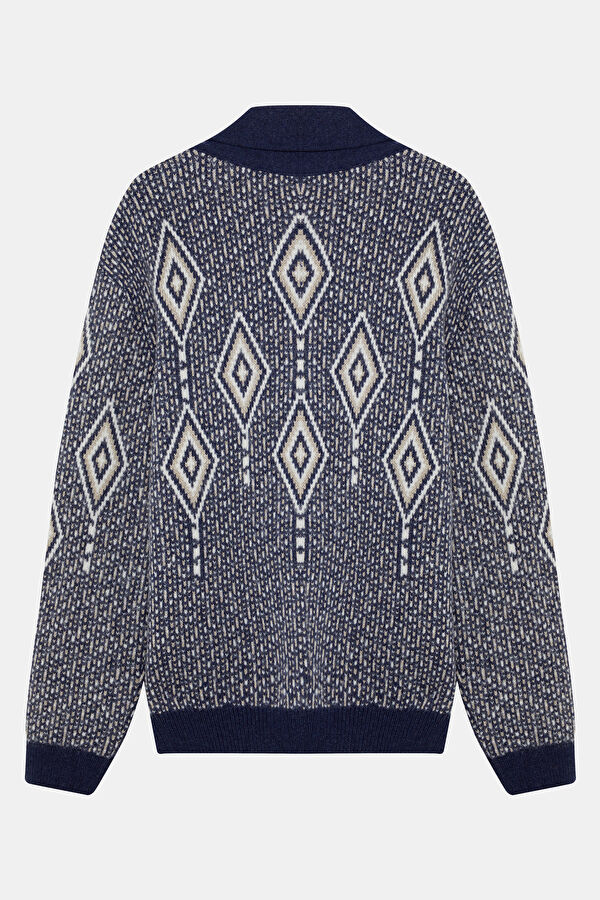 Navy Knitted Patterned Cotton/Wool Cardigan Men's Cardigan 2