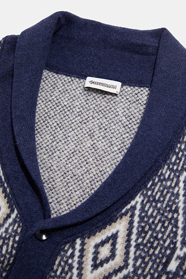 Navy Knitted Patterned Cotton/Wool Cardigan Men's Cardigan 3