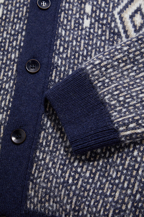 Navy Knitted Patterned Cotton/Wool Cardigan Men's Cardigan 4