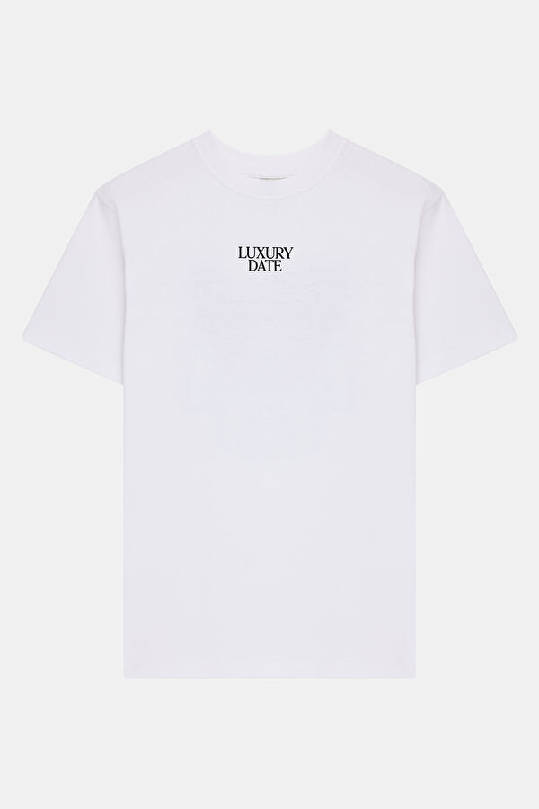 Relax Kalıp Beyaz Bisiklet Yaka Baskılı Erkek T-Shirt