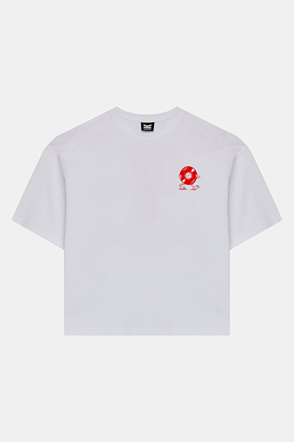 Relax Kalıp Beyaz Bisiklet Yaka Baskılı Erkek T-Shirt