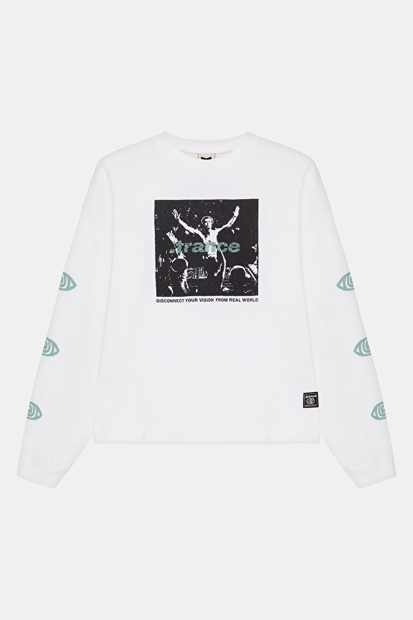 Oversize Beyaz Bisiklet Yaka Baskılı Erkek T-Shirt