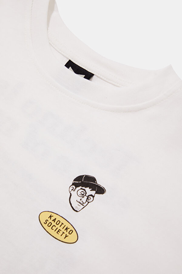 Relax Kalıp Beyaz Bisiklet Yaka Baskılı Erkek T-Shirt 3