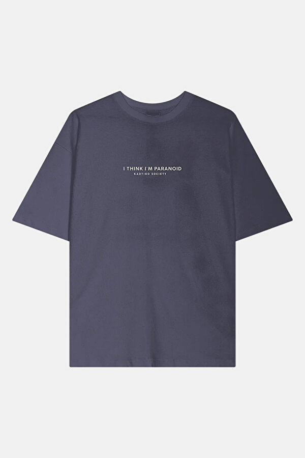 Relax Kalıp Mavi Bisiklet Yaka Baskılı Erkek T-Shirt