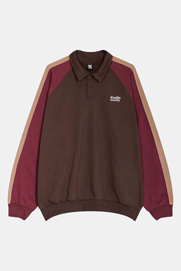 Koyu Kahve Oversize Polo Yaka Erkek Sweatshirt