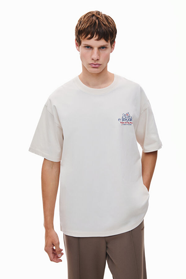 Oversize Bej Bisiklet Yaka Baskılı Erkek T-Shirt