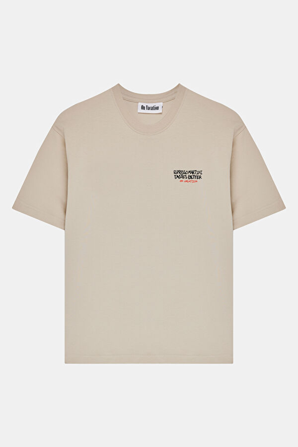 Oversize Krem Bisiklet Yaka Baskılı Erkek T-Shirt 4