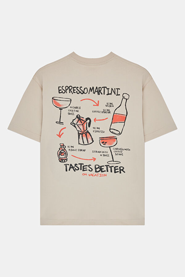 Oversize Krem Bisiklet Yaka Baskılı Erkek T-Shirt 5