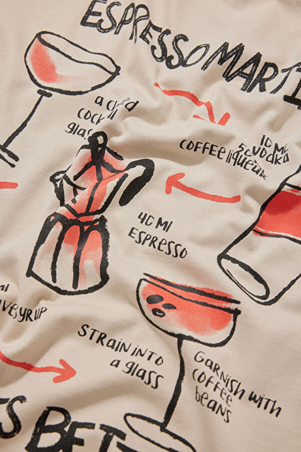 Oversize Krem Bisiklet Yaka Baskılı Erkek T-Shirt 8