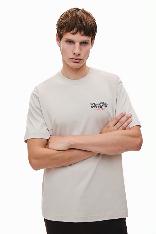 Oversize Krem Bisiklet Yaka Baskılı Erkek T-Shirt