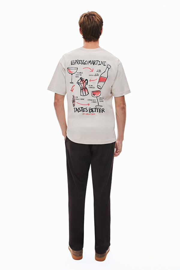 Oversize Krem Bisiklet Yaka Baskılı Erkek T-Shirt 2