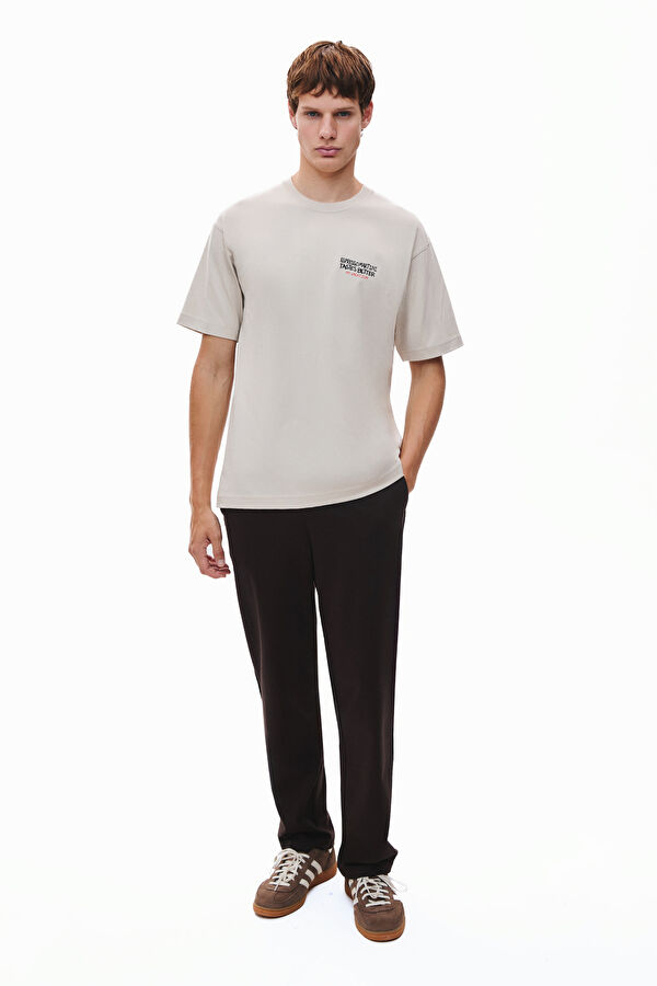 Oversize Krem Bisiklet Yaka Baskılı Erkek T-Shirt 3