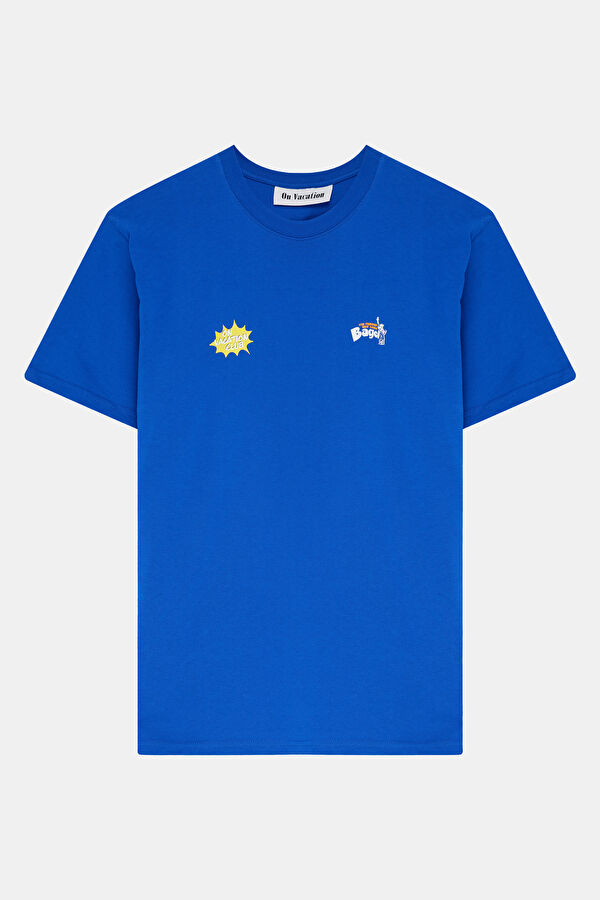 Oversize Mavi Bisiklet Yaka Baskılı Erkek T-Shirt 3