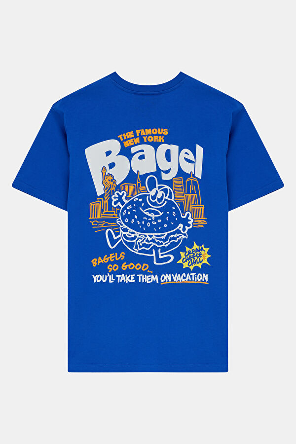 Oversize Mavi Bisiklet Yaka Baskılı Erkek T-Shirt 4