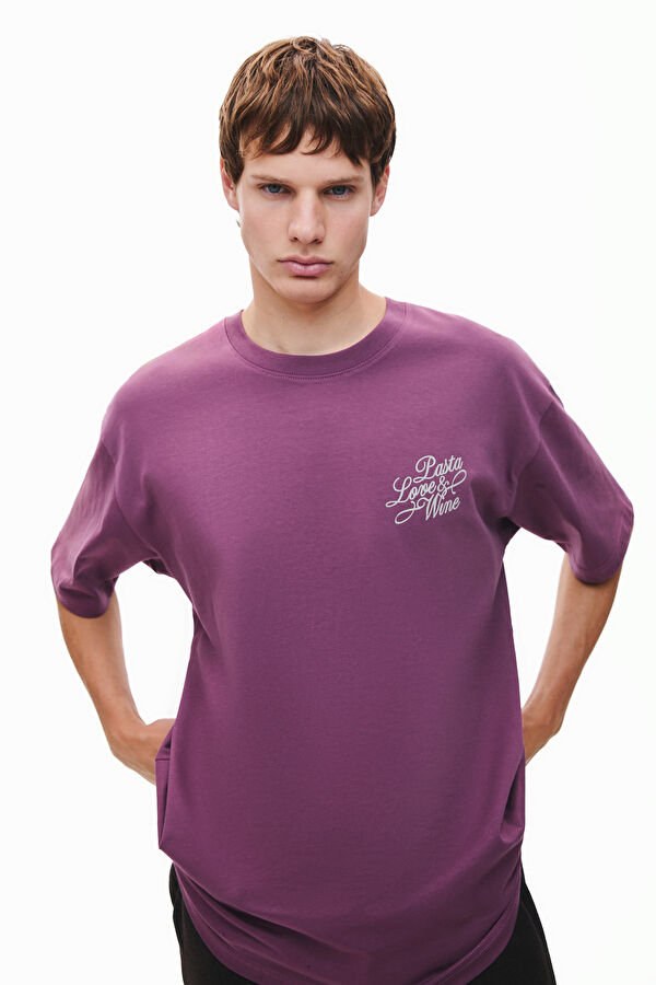 Oversize Bordo Bisiklet Yaka Baskılı Erkek T-Shirt