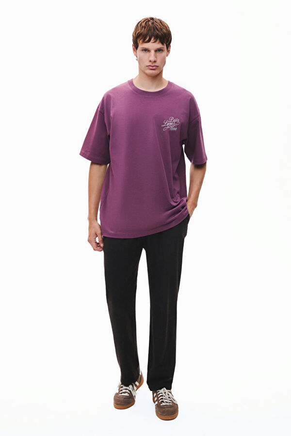 Oversize Bordo Bisiklet Yaka Baskılı Erkek T-Shirt 3