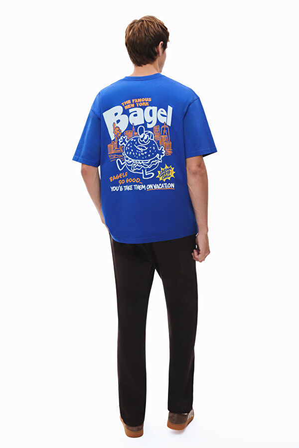 Oversize Mavi Bisiklet Yaka Baskılı Erkek T-Shirt 2
