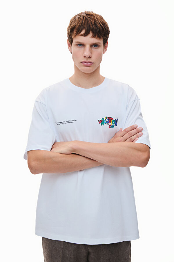 Oversize Beyaz Bisiklet Yaka Baskılı Erkek T-Shirt