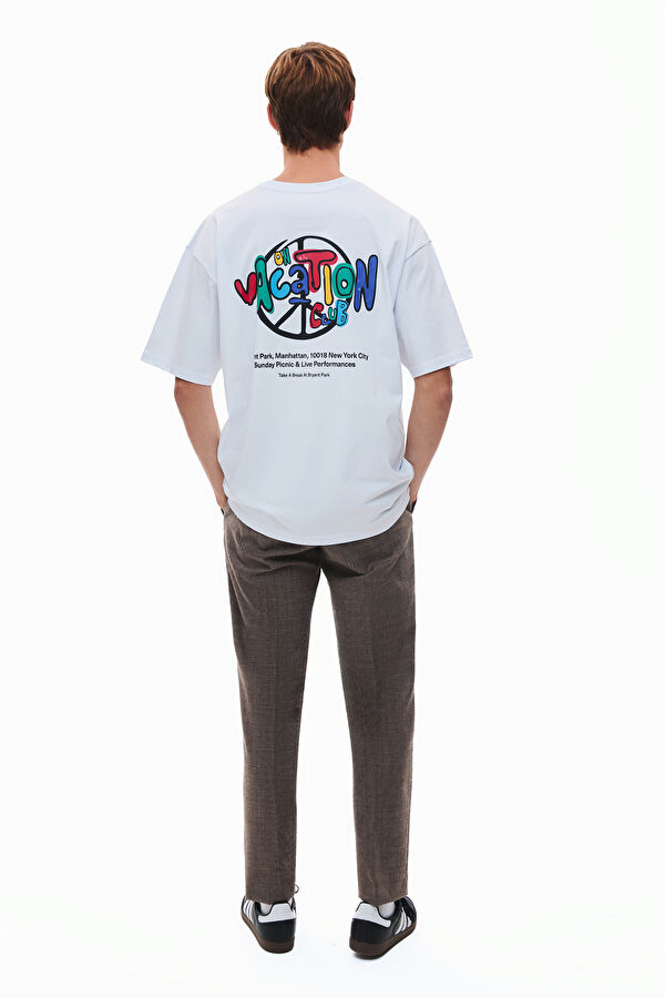Oversize Beyaz Bisiklet Yaka Baskılı Erkek T-Shirt 2
