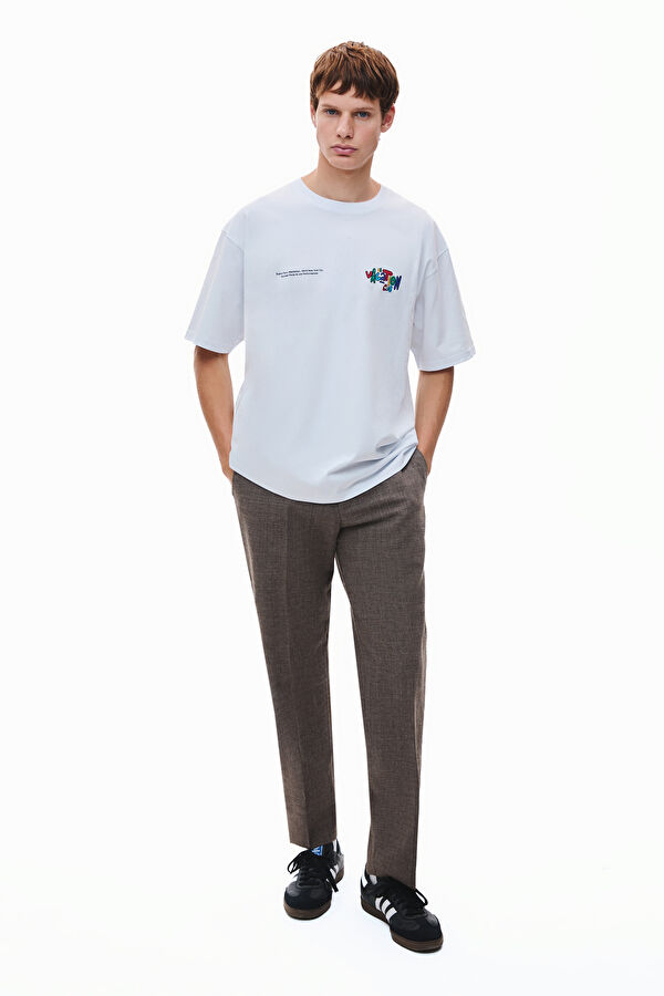 Oversize Beyaz Bisiklet Yaka Baskılı Erkek T-Shirt 3