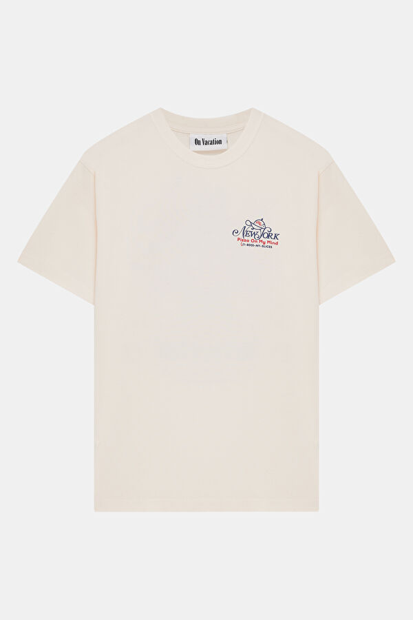 Oversize Bej Bisiklet Yaka Baskılı Erkek T-Shirt 3