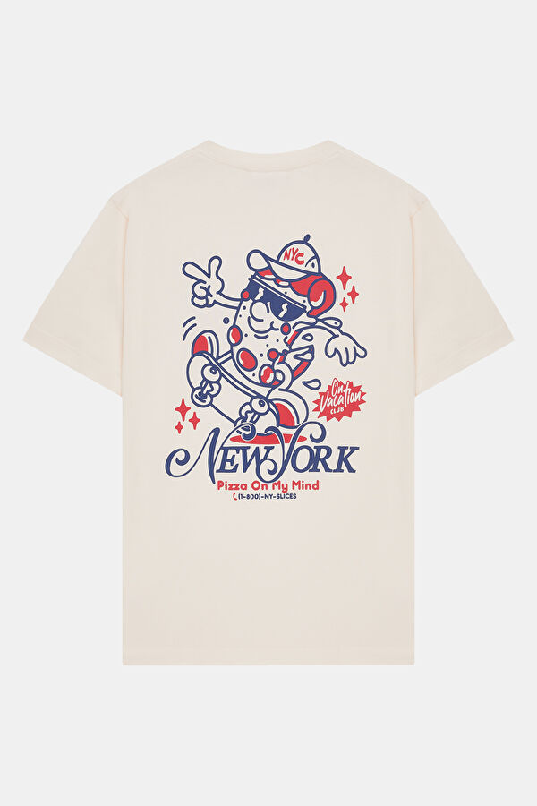Oversize Bej Bisiklet Yaka Baskılı Erkek T-Shirt 4