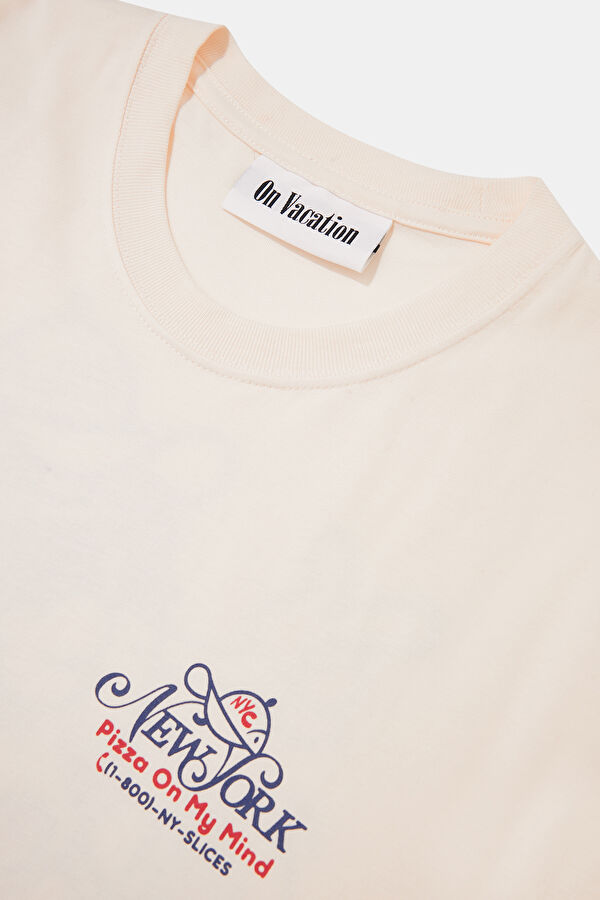 Oversize Bej Bisiklet Yaka Baskılı Erkek T-Shirt 5