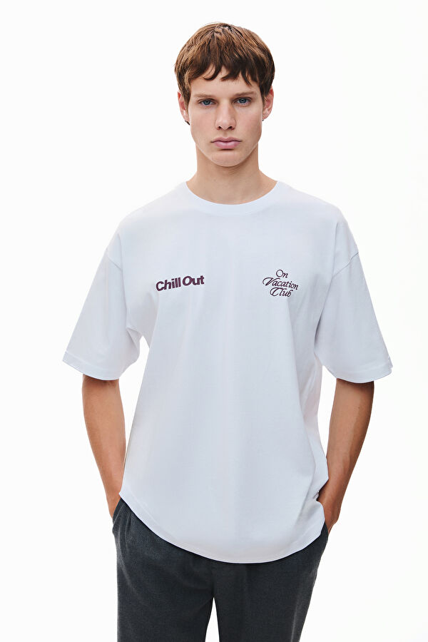 Oversize White Crew Neck Printed Men's T-Shirt