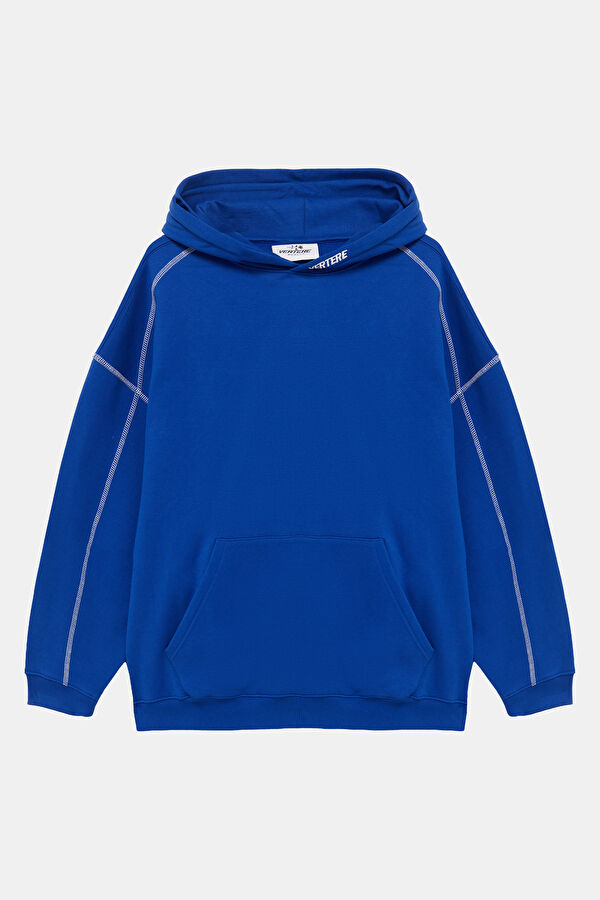Mavi Oversize Kapuşonlu Erkek Sweatshirt