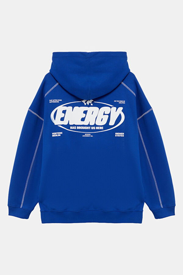 Mavi Oversize Kapuşonlu Erkek Sweatshirt 2