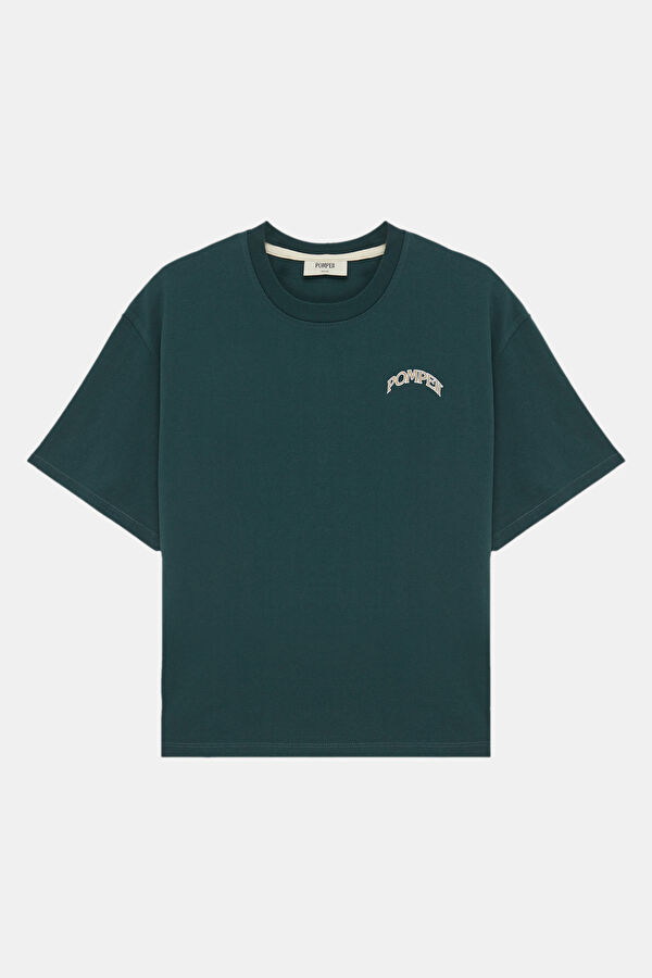 Relax Kalıp Koyu Yeşil Bisiklet Yaka Baskılı Erkek T-Shirt