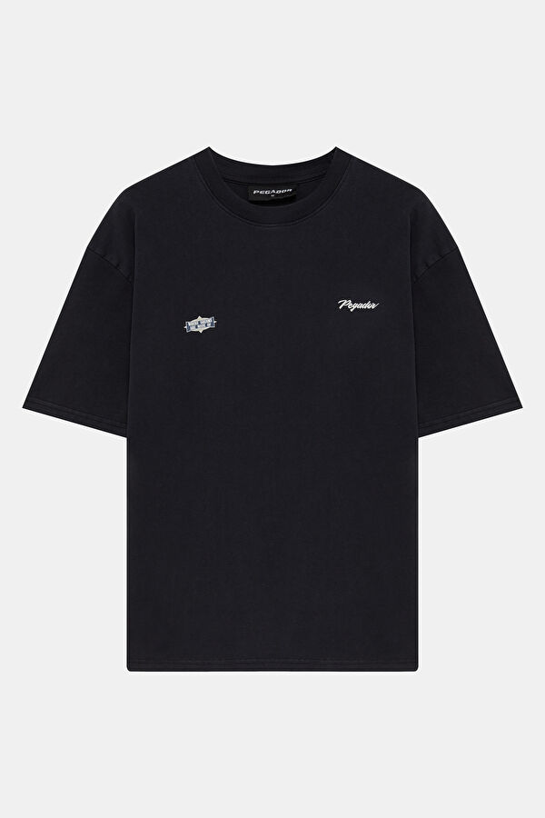 Relax Kalıp Siyah Bisiklet Yaka Baskılı Erkek T-Shirt