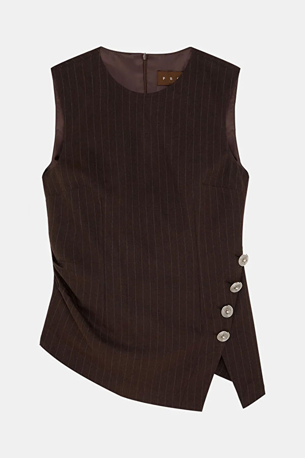 Coffee Striped Sleeveless Women's Blouse